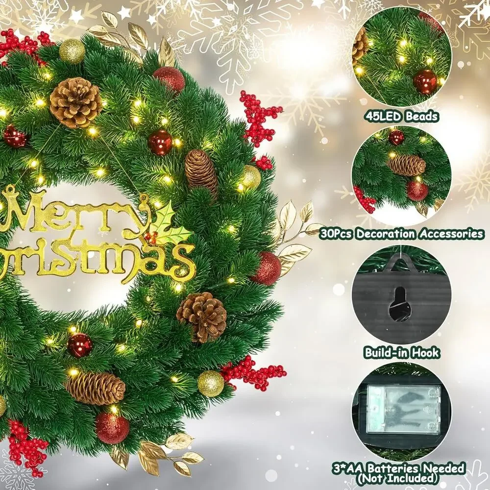 24 Inch Pre-Lit Artificial Christmas Wreath 45 LED‎ Lights Battery Remote Timer